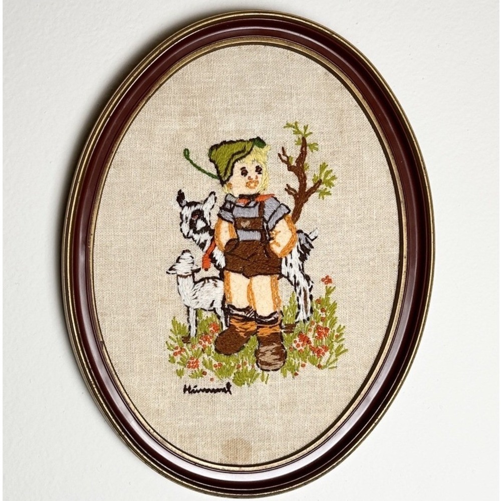 Vintage 1970s Hummel Framed Cross Stitch Boy with Lamb Finished Embroidery Piece